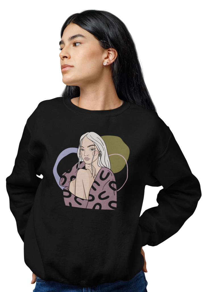 Chic black sweatshirt adorned with a bold illustration of a fearless woman