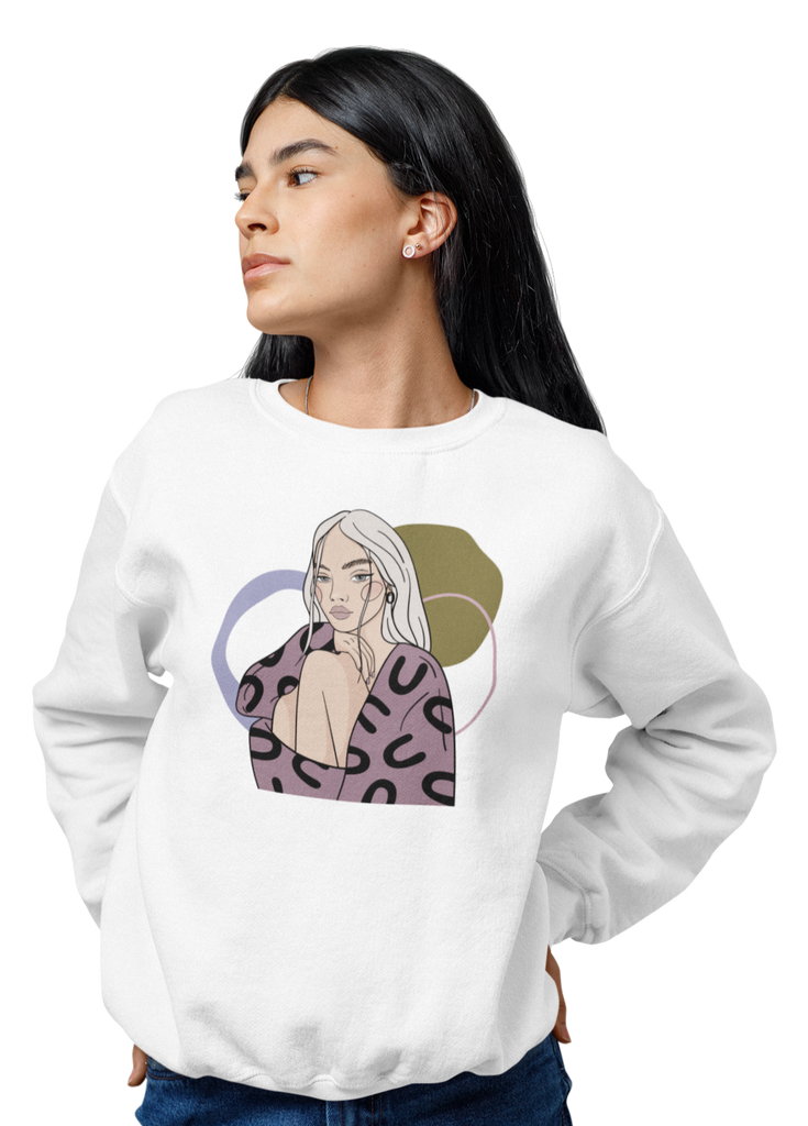 Chic white sweatshirt adorned with a bold illustration of a fearless woman