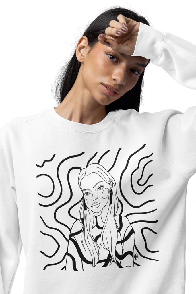 Stylish white sweatshirt featuring a striking hand-illustrated design of a woman