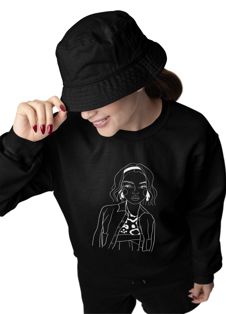 Stylish black sweatshirt featuring a striking hand-illustrated design of a woman