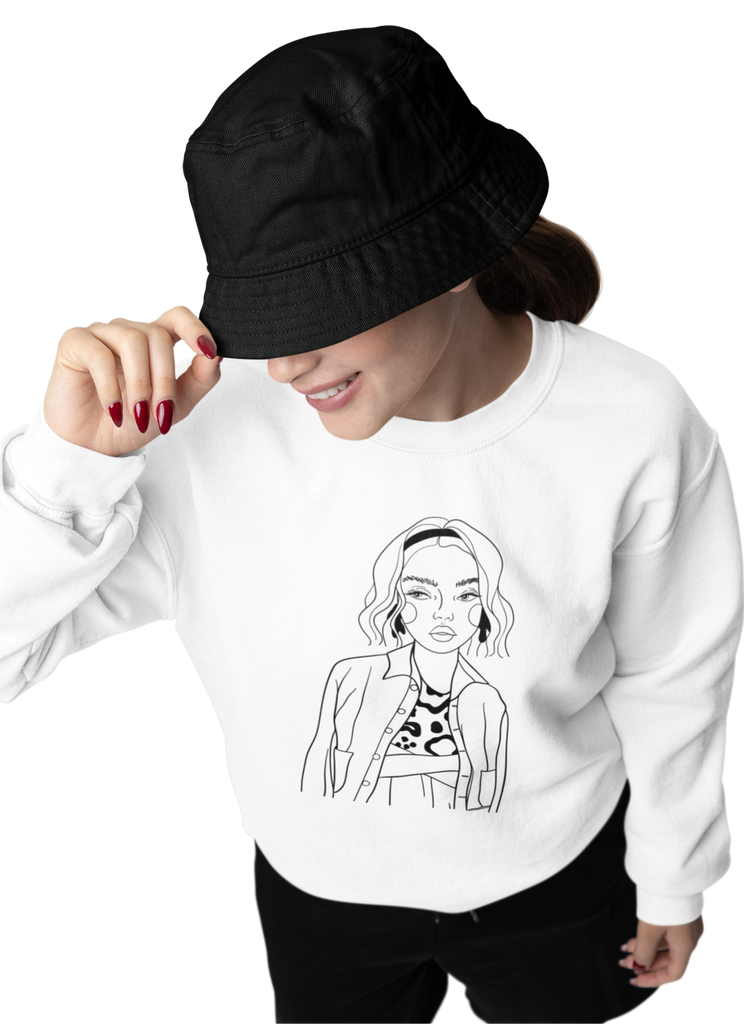 Stylish white sweatshirt featuring a striking hand-illustrated design of a woman