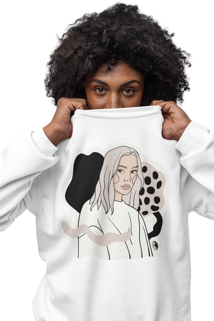 classic white sweatshirt with a hand-drawn illustration of a bold, strong woman.