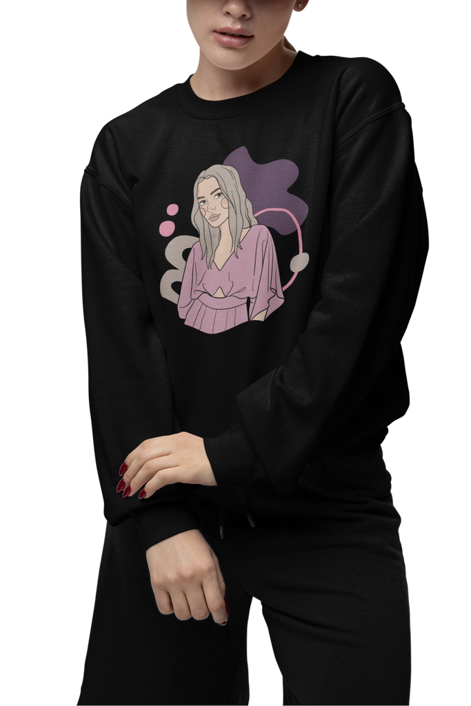 cozy black sweatshirt featuring a hand-illustrated print of a strong woman