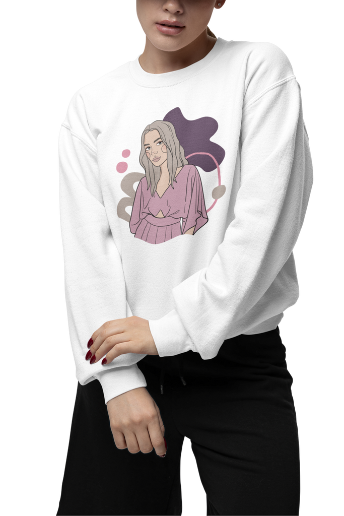 cozy white sweatshirt featuring a hand-illustrated print of a strong woman